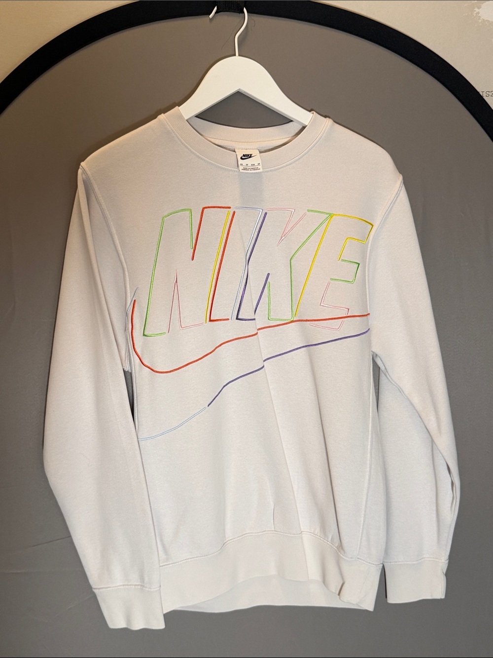 Nike Men’s White Crewneck Sweatshirt with Multicolor Outline Logo